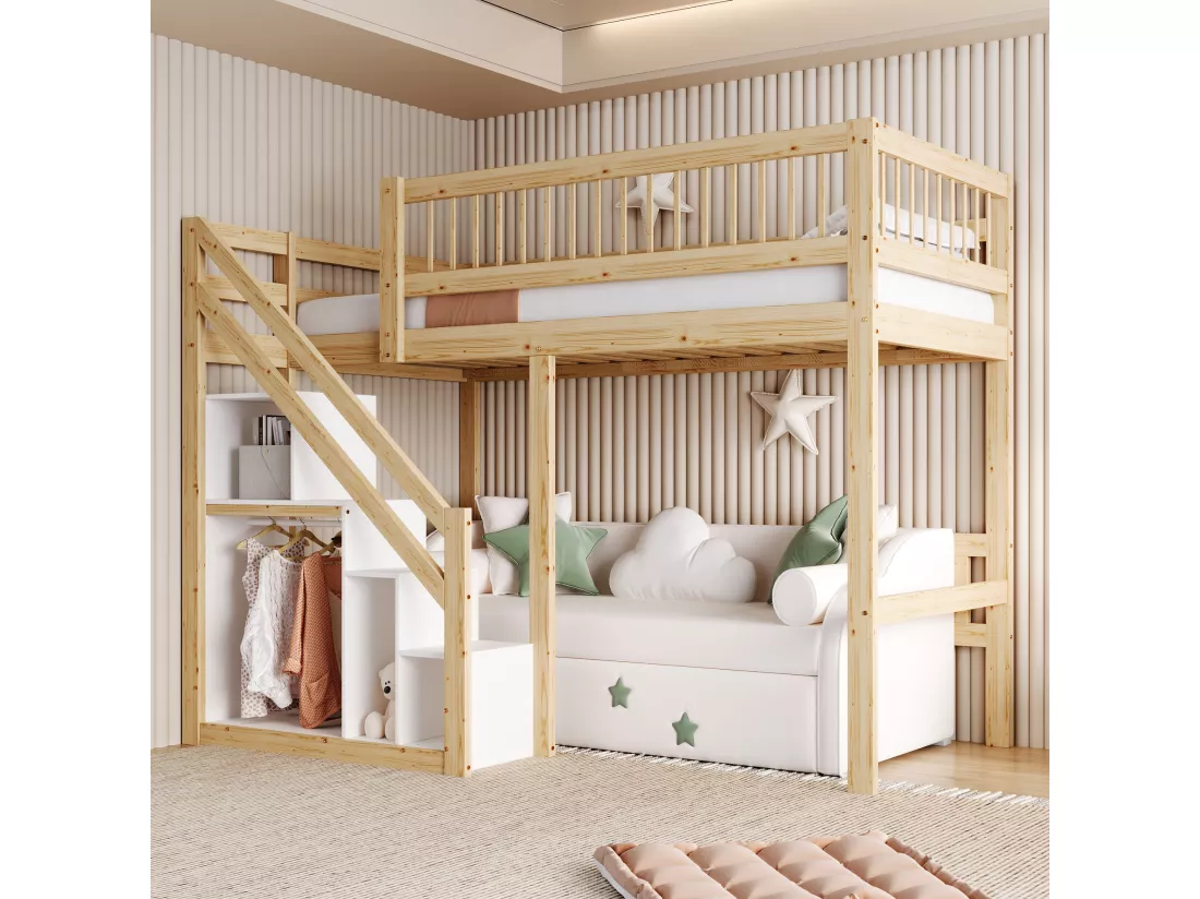 Lit mezzanine 90 x 200 cm avec placard de rangement - Bois massif + MDF - Naturel et blanc (sans matelas)