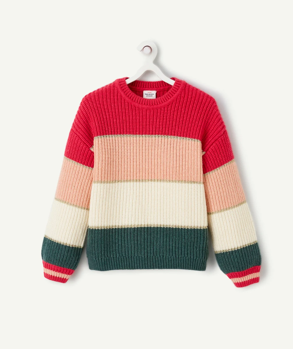 PULL EN TRICOT FILLE MAXI RAYURES ROSE ÉCRU ET VERT