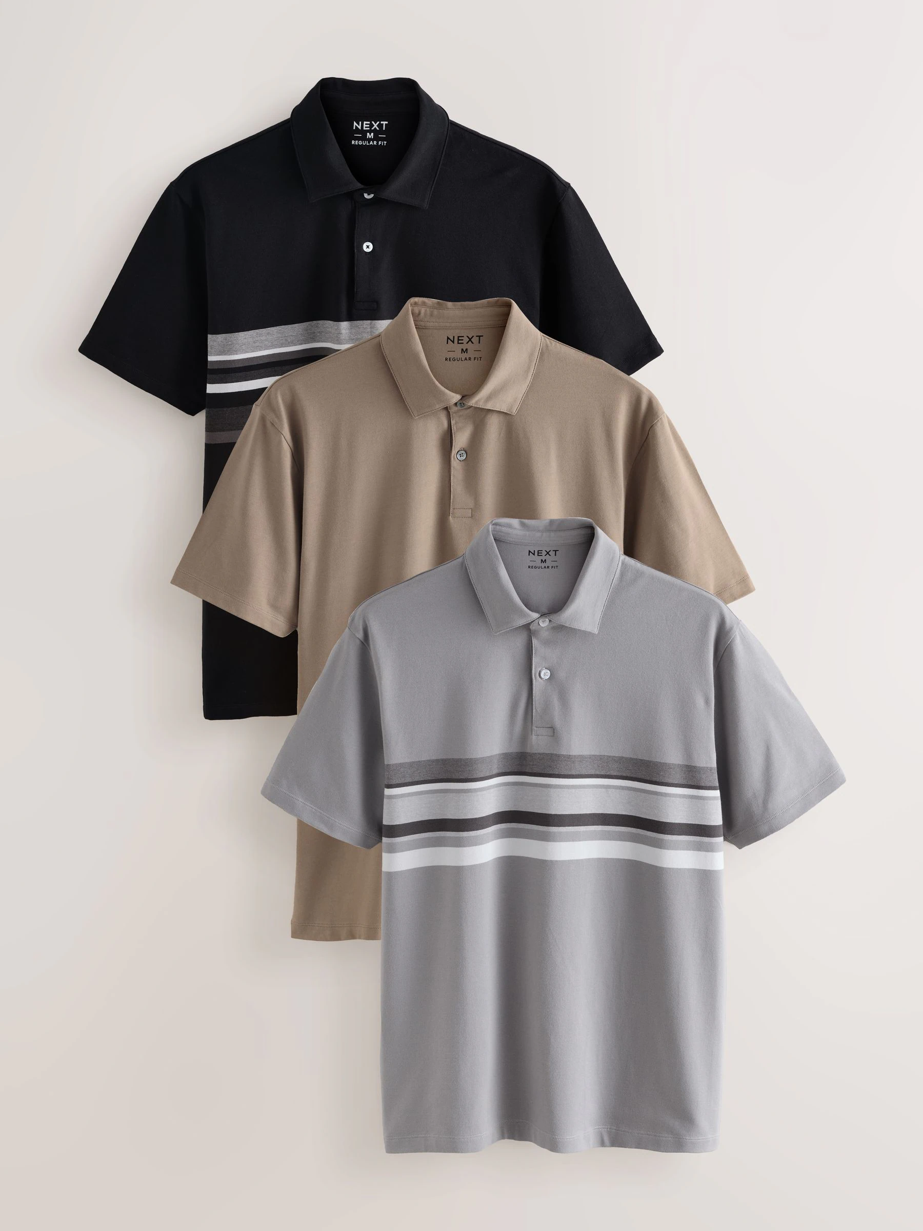 Zwart/grijs/naturel blok - Set van 3 jersey poloshirts met korte mouwen