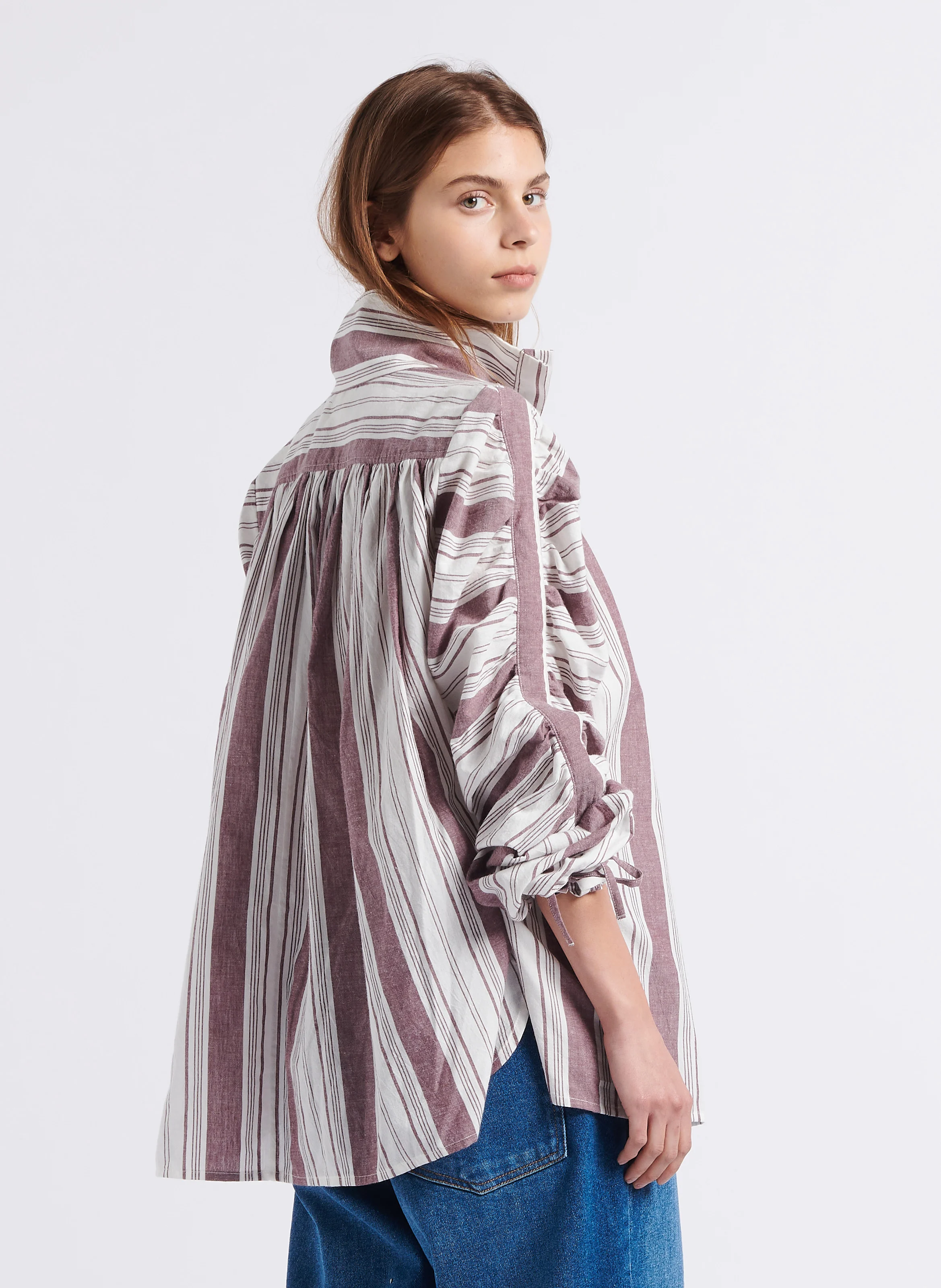 JOY - Chemise rayée col montant en coton | Blanc