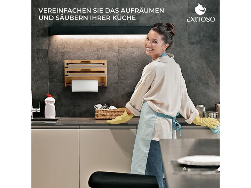 Exitoso 3 in 1 Küchenrollenhalter Braun Folienschneider, Wandrollenhalter und Frischhaltefolienspender