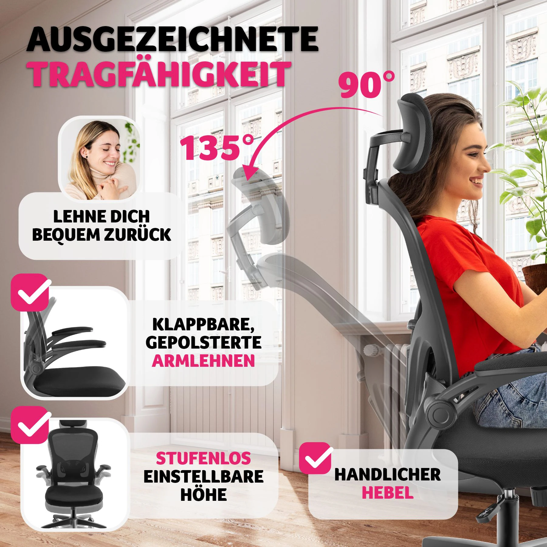 tectake® Bürostuhl, ergonomische Form mit verstellbarer Lordosenstütze und verstellbarer Kopfstütze, mit Netzstoffbezug, klappbare Armlehnen und Wippfunktion, stufenlos höhenverstellbar