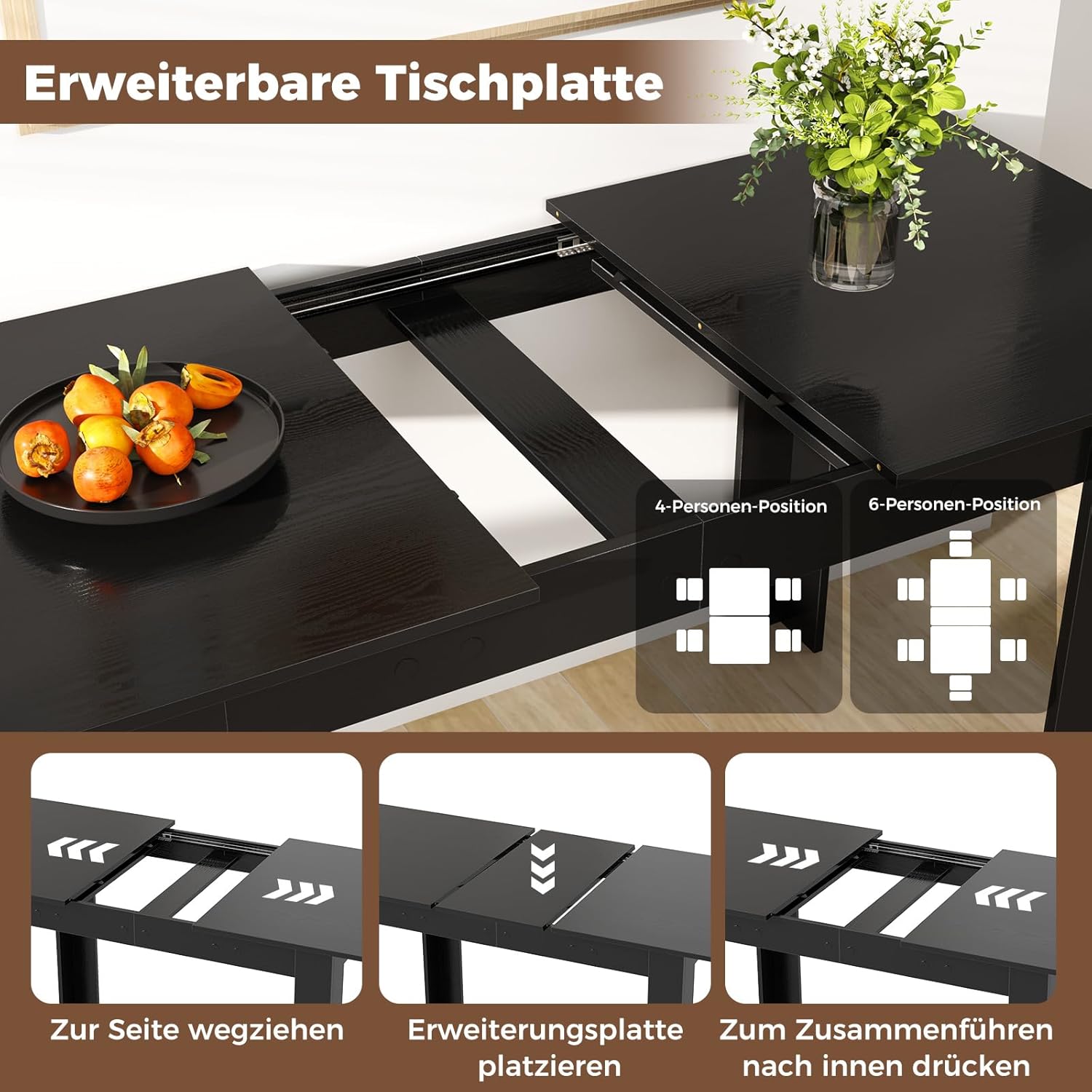 COSTWAY Esstisch ausziehbar, 120/158 x 70 cm, Küchentisch für 4-6 Personen, rechteckiger Esszimmertisch für Esszimmer, Küche, Schwarz