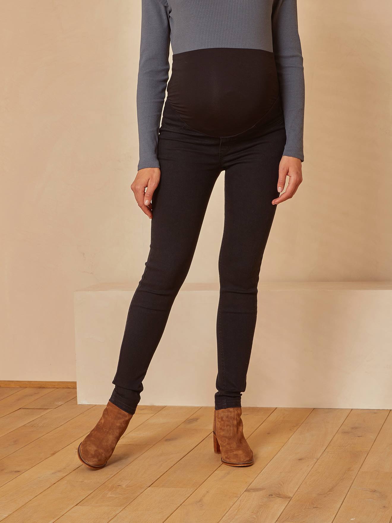 Calças de maternidade lisas, super skinny, cinza escuro