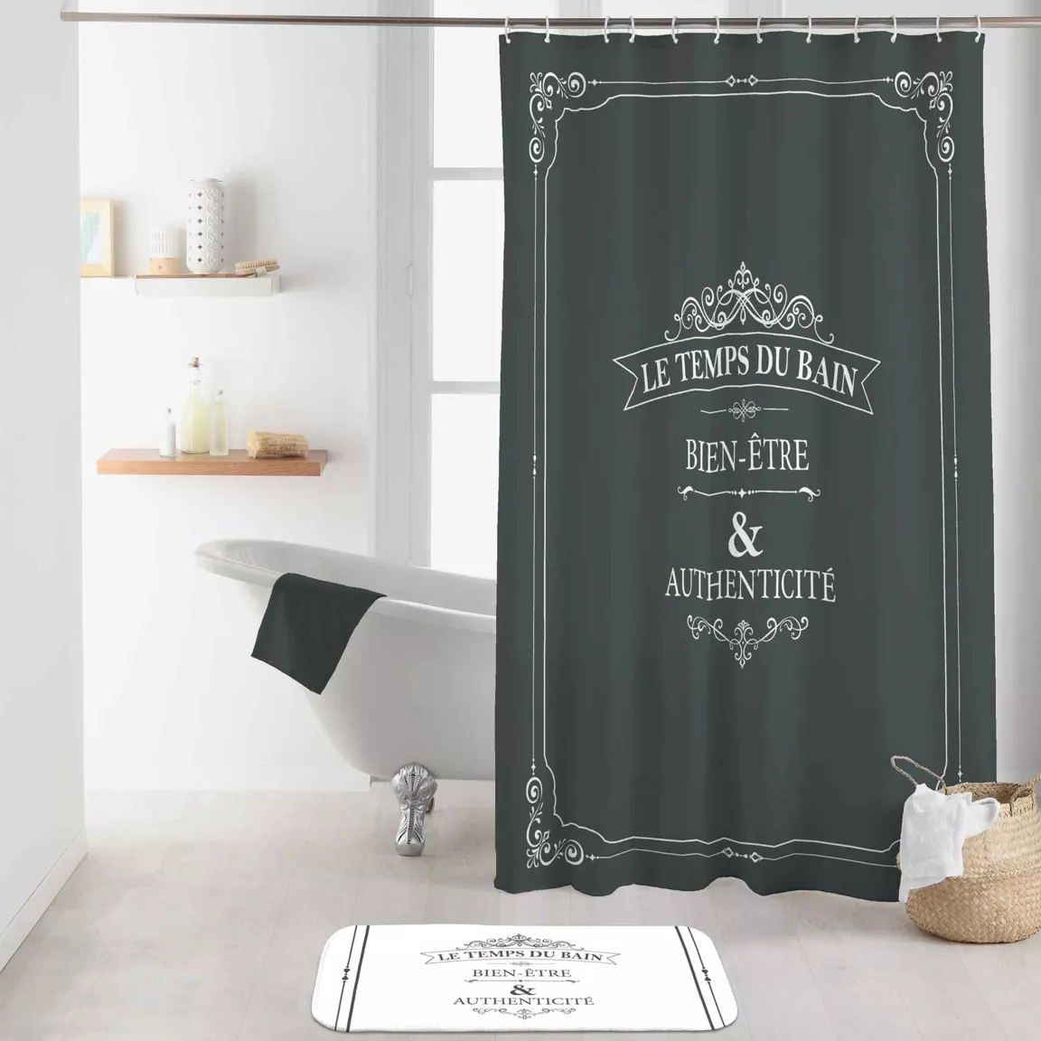 Rideau de douche à anneaux (180 x 200 cm) Vintage Gris
