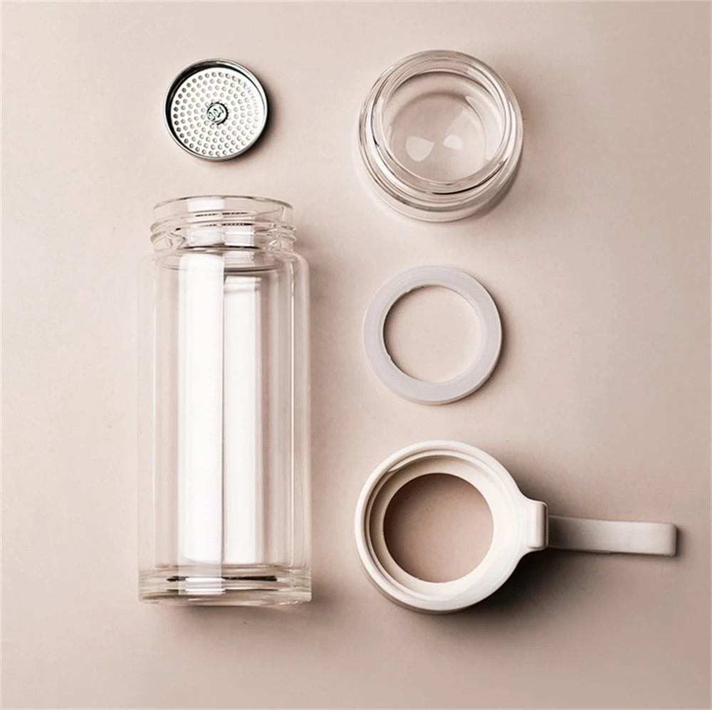 (280ml) Doppelwandige Glas Tee Flasche Thermo Becher Teekanne To Go inkl. Edelstahl Sieb für Losen Tee - Transparent / Weiss