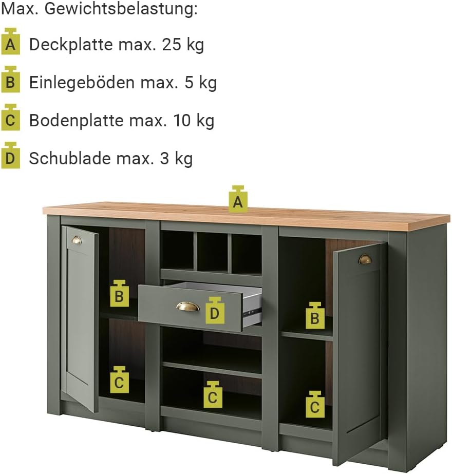 Lomadox Landhaus Wohnwand Komplett Set mit Anrichte & Couchtisch, englisch grün mit Wotan Eiche, mit Beleuchtung