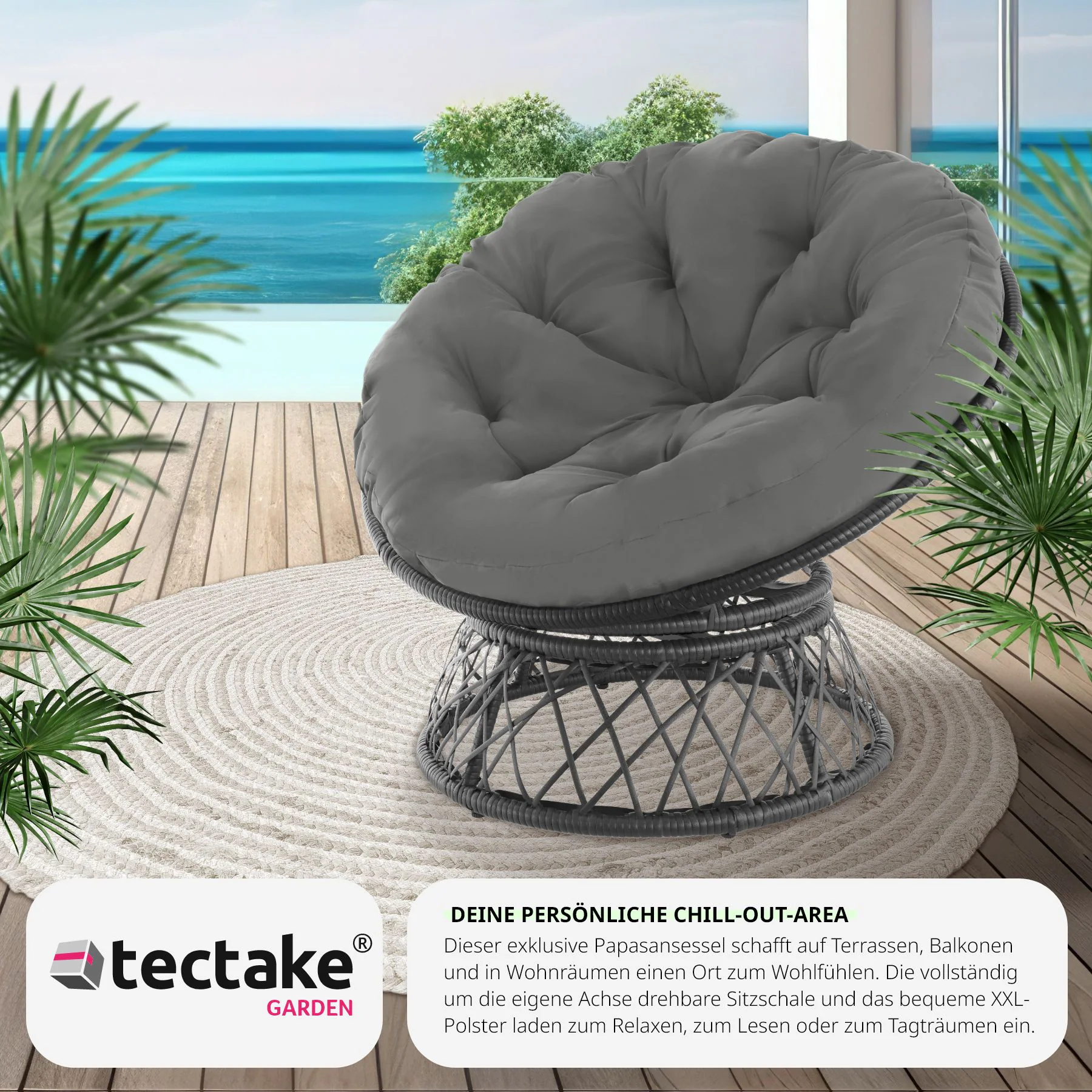 tectake® Rattansessel, drehbar, UV-beständig, 92 x 80 x 80,5 cm