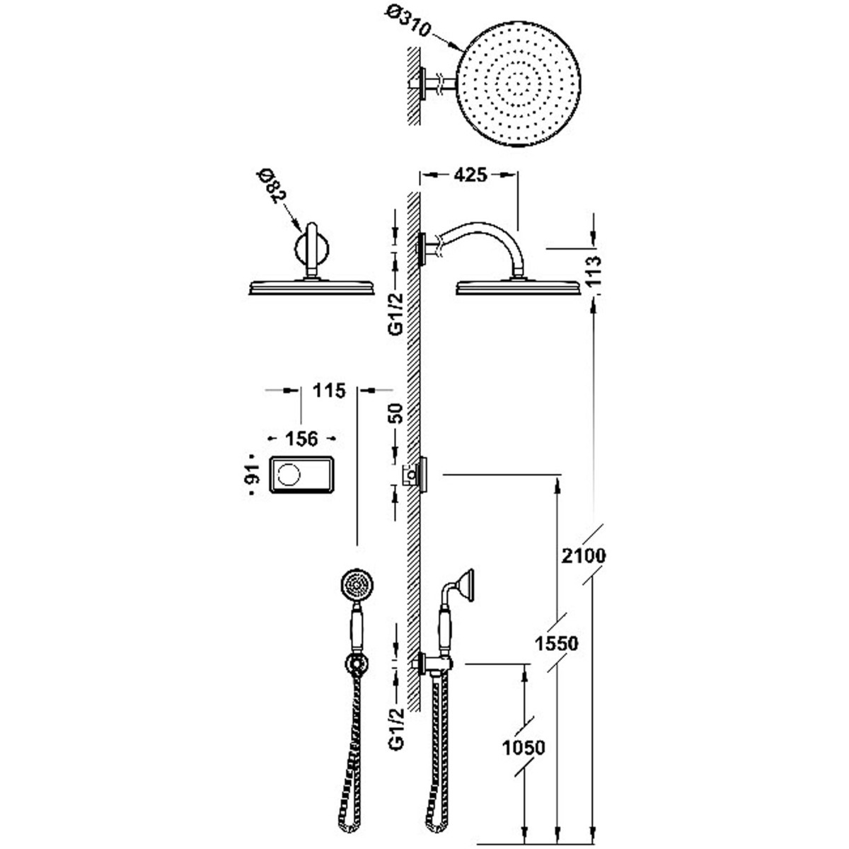 Tres Shower Technology Clasic elektronische inbouwthermostaat met regendouche en handdouche wandmontage mat verouderd messing