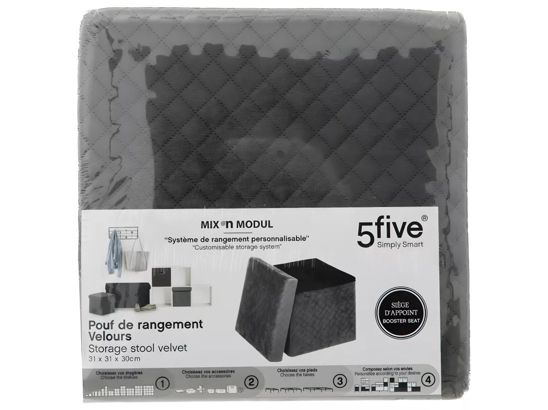2 en 1 Pouf et Coffre de rangement en velours Gris 31 x 31 cm