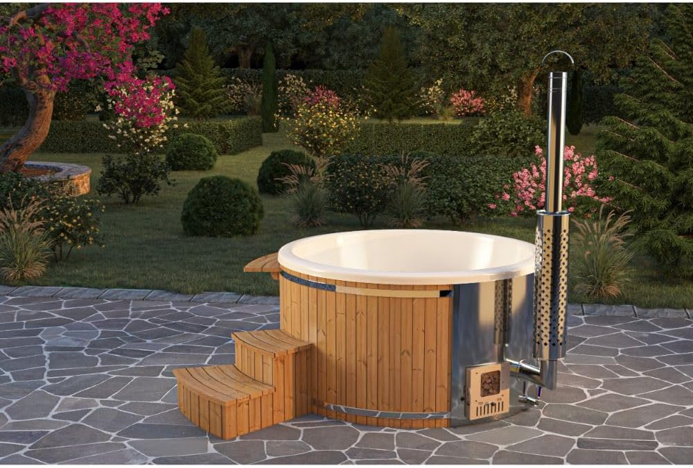 Holz Badefass Stockholm aus Thermoholz, Hot Tub Ø 180 cm, 8 Personen, inkl. Edelstahl-Ofen (30 kW), Minibar, Schwimmbecken, Badebottich, Badezuber