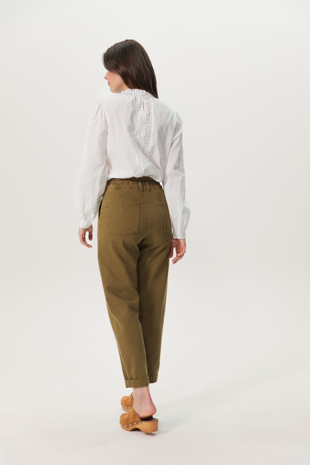 Mosterd groene high waist straight leg broek