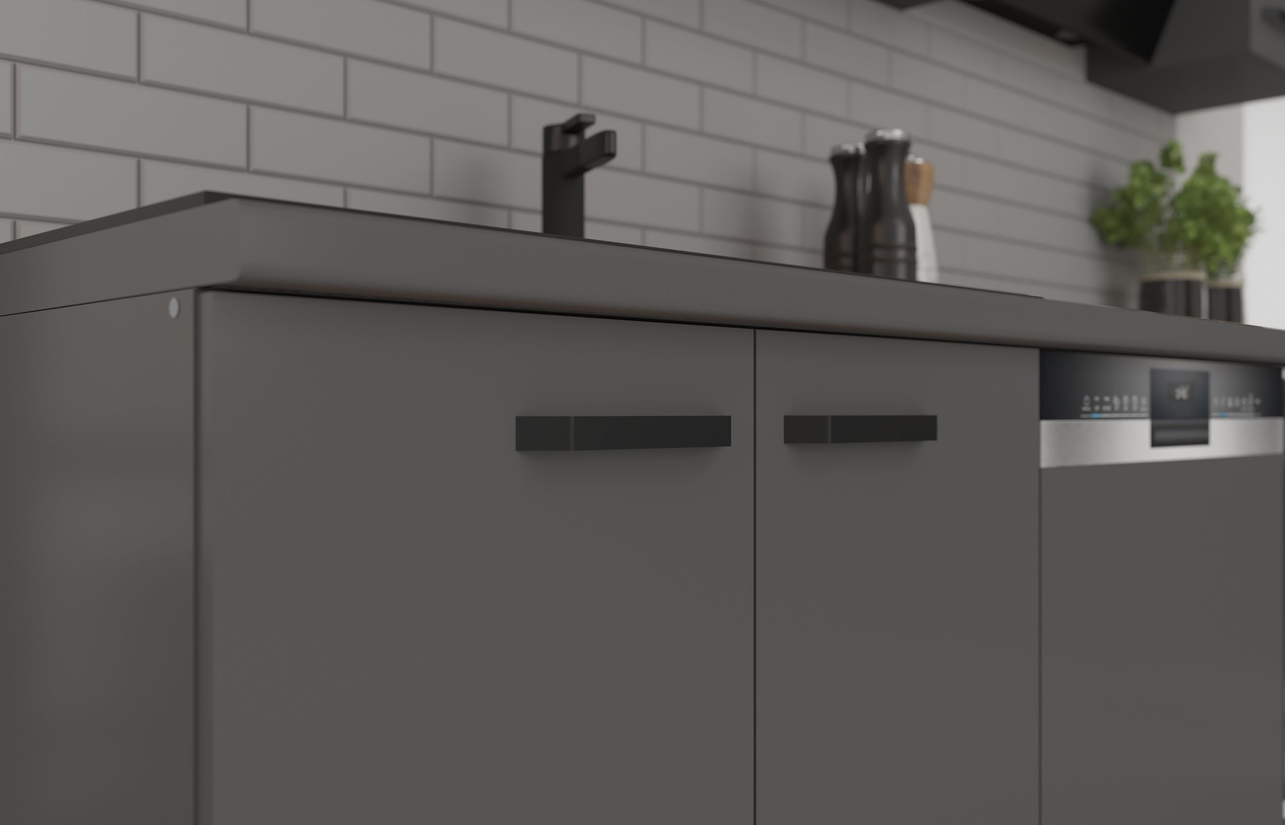 Küche NESSA + SCANDI Basic 240 cm Fischgrät Optik Grau Küchenzeile Küchenblock