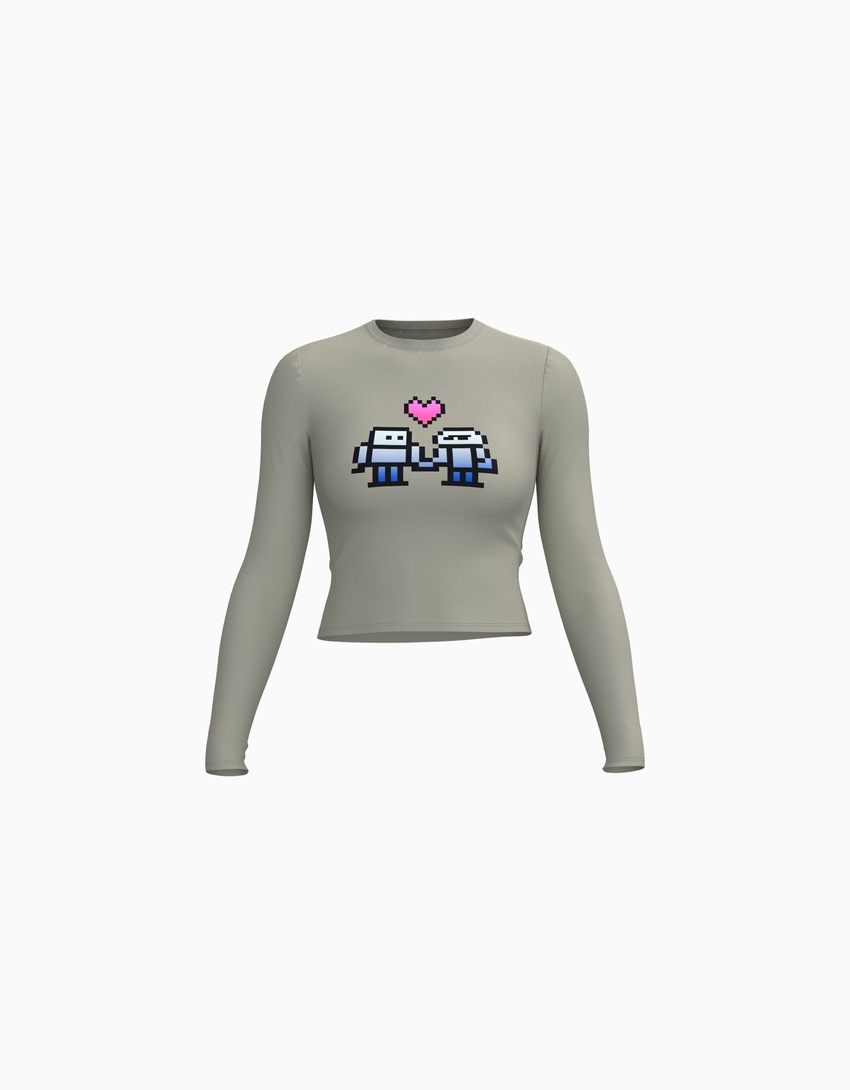 Camiseta de manga comprida com estampa, tendência do momento.