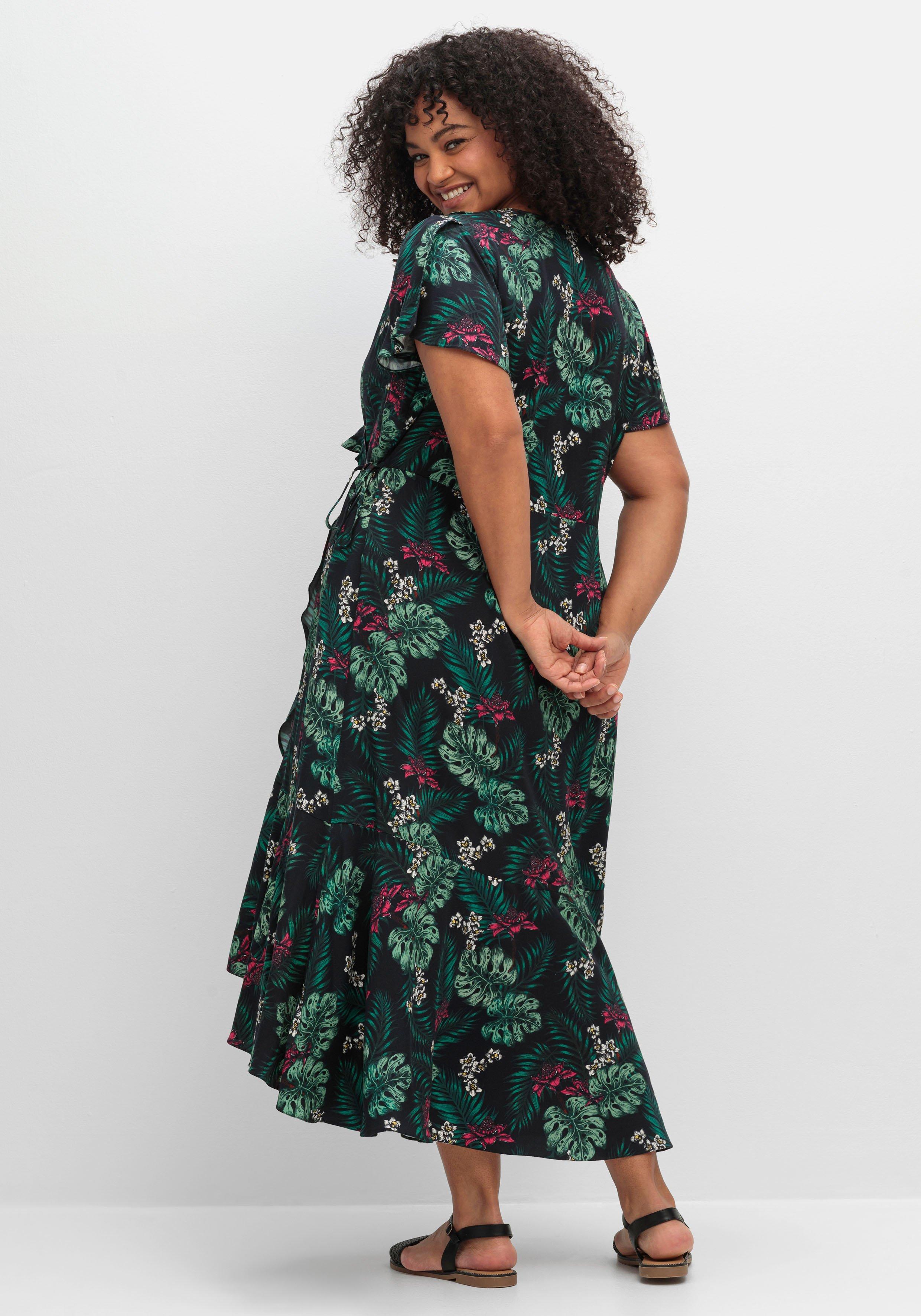 Wickelkleid mit Tropenprint und Volant
