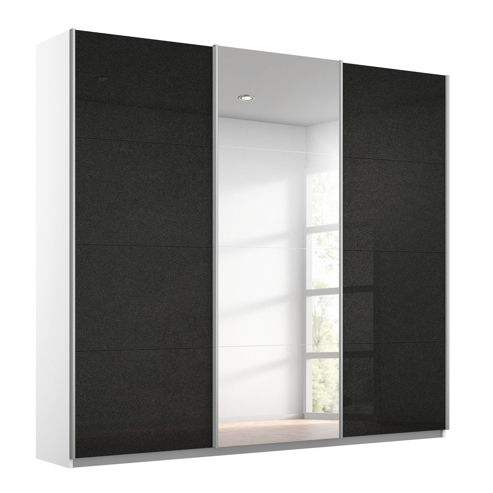 Schwebetürenschrank - Effektgrau Hochglanz - weiß - mit Spiegel - 203x210 cm