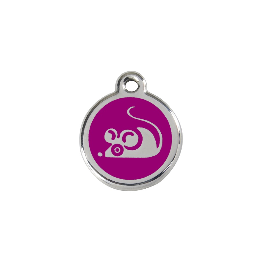 Etiqueta de identificação para gato em aço inoxidável esmaltado roxo com desenho de rato.