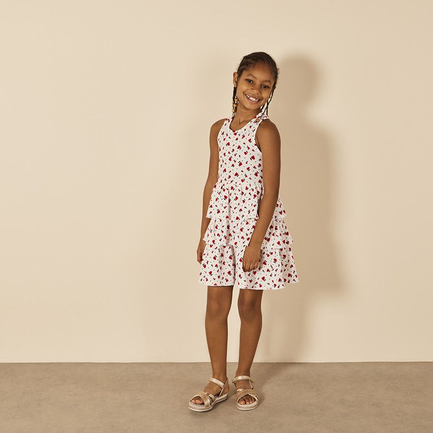 Robe sans manches imprimée et volantée à dos croisé pour fille - Blanc