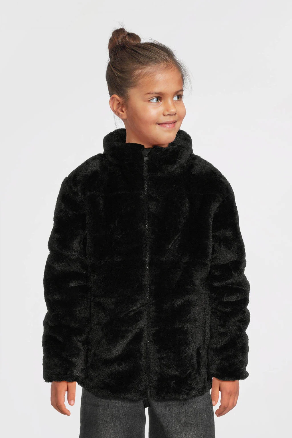NAME IT gewatteerde imitatiebont winterjas NKFMILA zwart