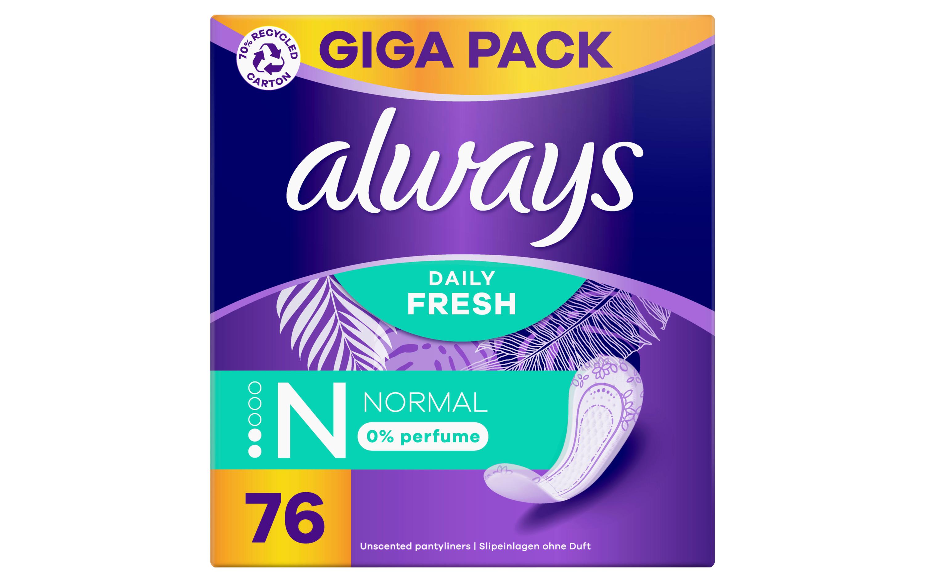 Slipeinlage Daily Fresh Normal ohne Duft 76 StückHochwertige Einlagen mit saugfähigem Kern