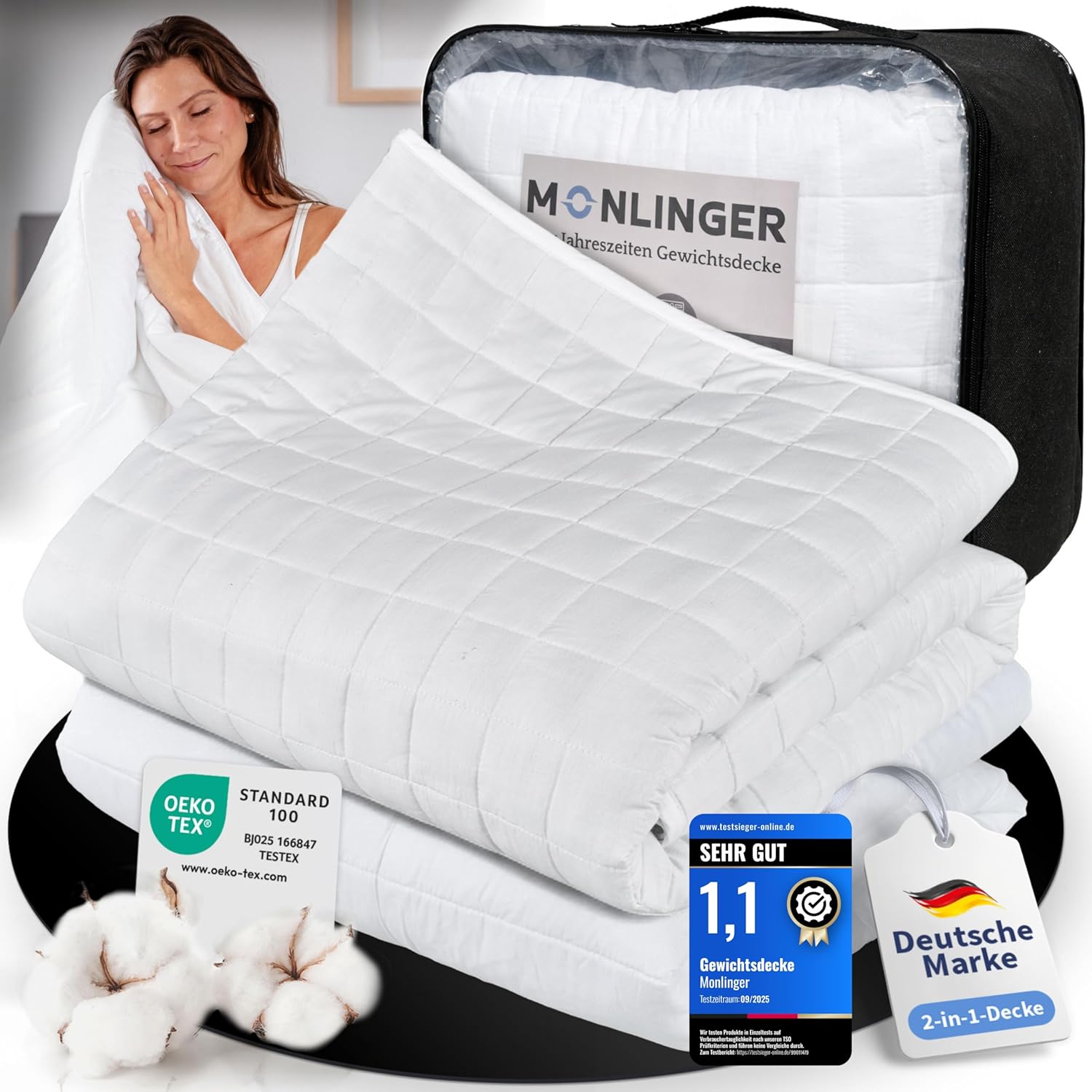 2-in-1 Gewichtsdecke 155x220cm 5kg Zusammenknöpfen von Schwerer Decke + Sommerdecke durch Druckknöpfe - 100% Oeko-Tex Zertifiziert - Heavy Weighted Blanket - Schwere Decke zum Schlafen