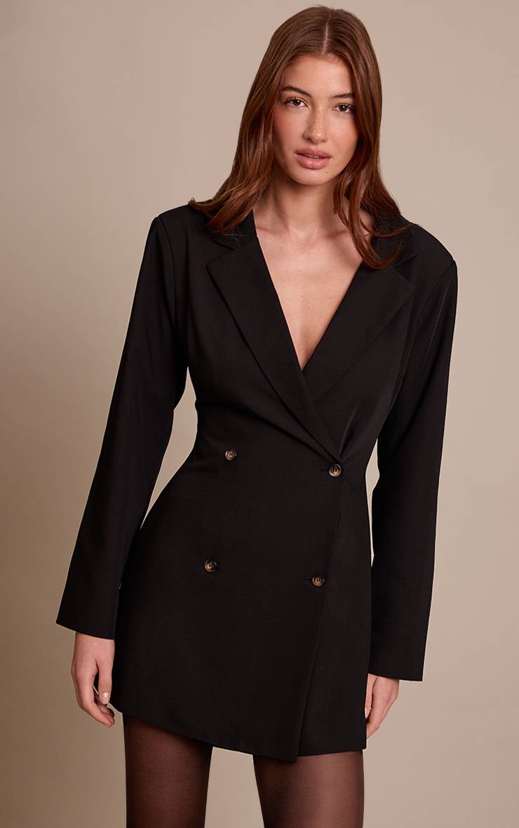 Noir Robe Blazer Tissée À Boutons Écaille