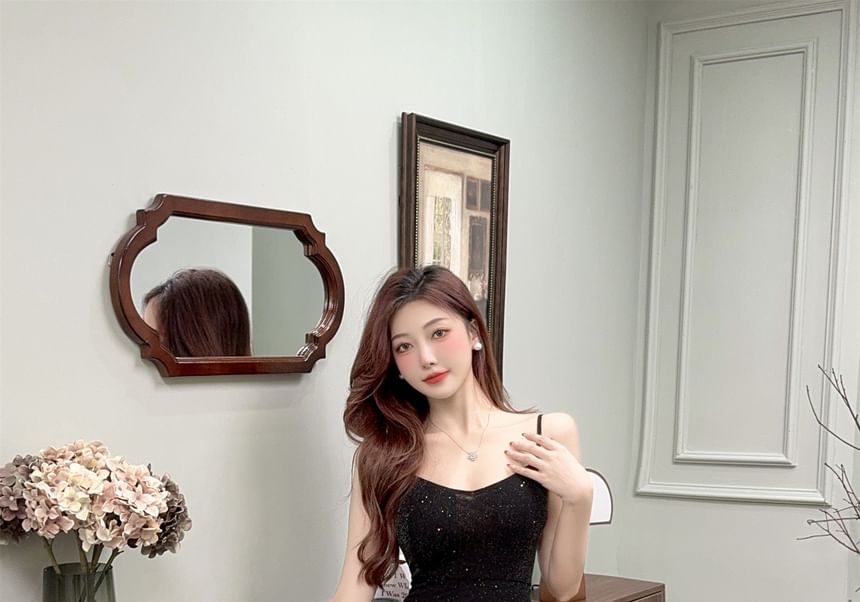 Yuxi - Spaghettibandjes V-hals pailletten split bodycon maxi-jurk