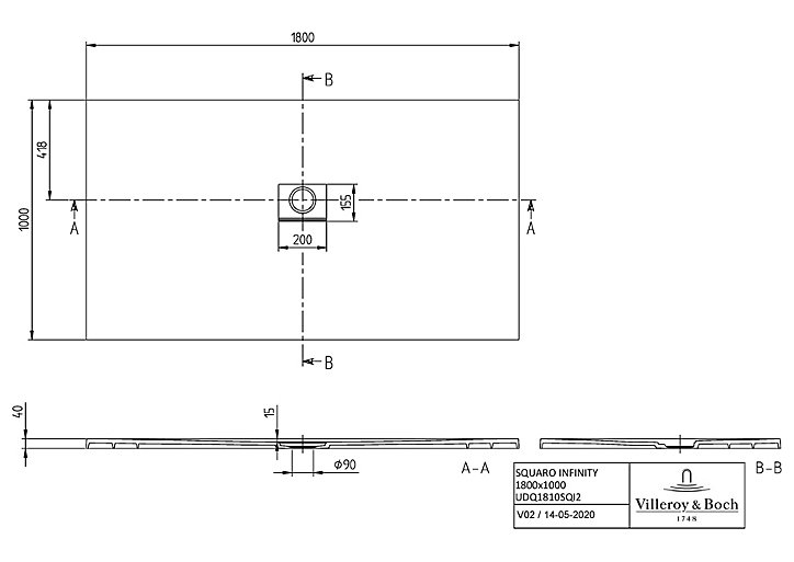 Receveur de douche à poser 100 x 180 cm, gris, Villeroy & Boch Squaro Infinity