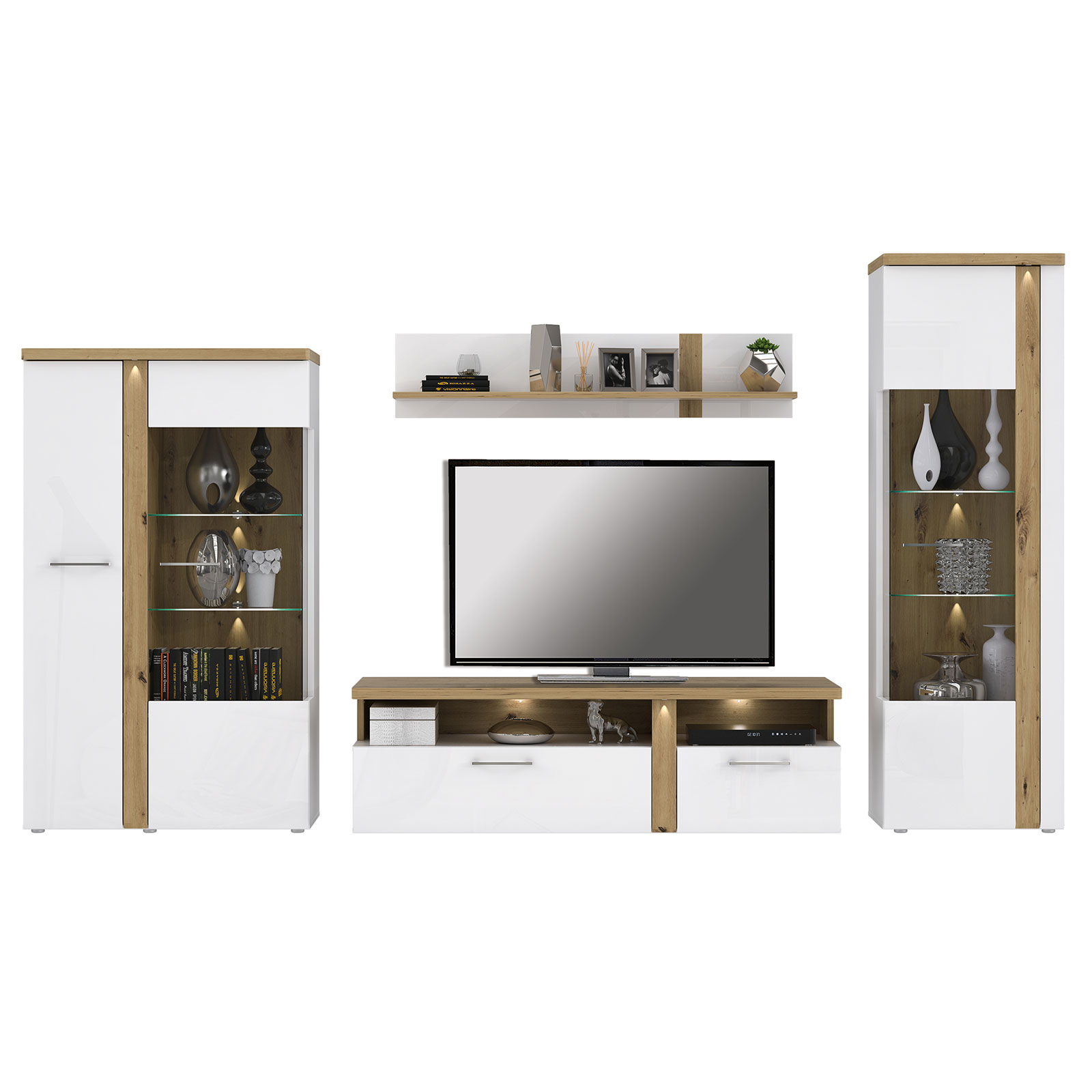 4-teiliges Wohnwand-Set - weiß-Artisan Eiche - Beleuchtung