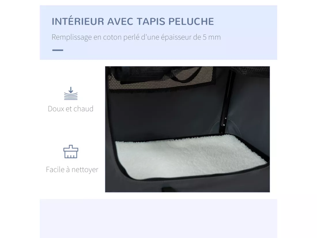 Sac de transport pour chien et chat pliable - poignée, 3 entrées zippées, poche - coussin amovible inclus - acier oxford polyester gris noir