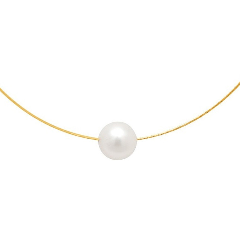 Collier Ras du cou Femme Cable en Or Jaune 750/1000 et Perle de Culture Blanche