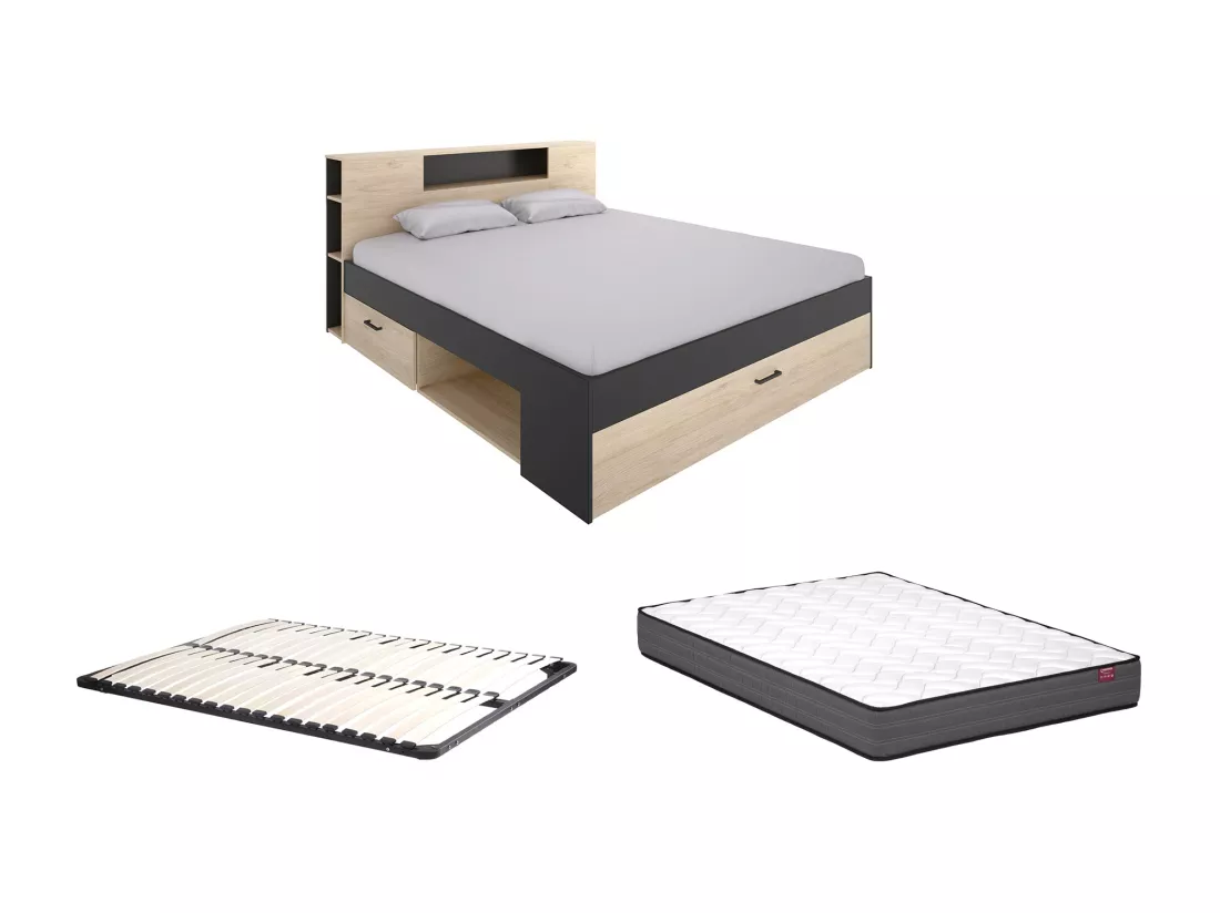 Lit avec tête de lit rangements et tiroirs - 180 x 200 cm - Coloris : Naturel et anthracite + Sommier + Matelas - LEANDRE