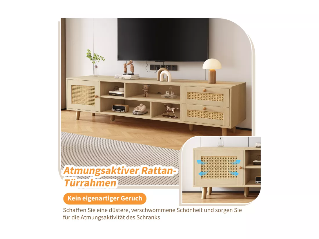 Meuble TV Premium 160 cm en rotin couleur bois brut pour téléviseur 70 pouces - gestion des câbles, 2 tiroirs, 1 porte
