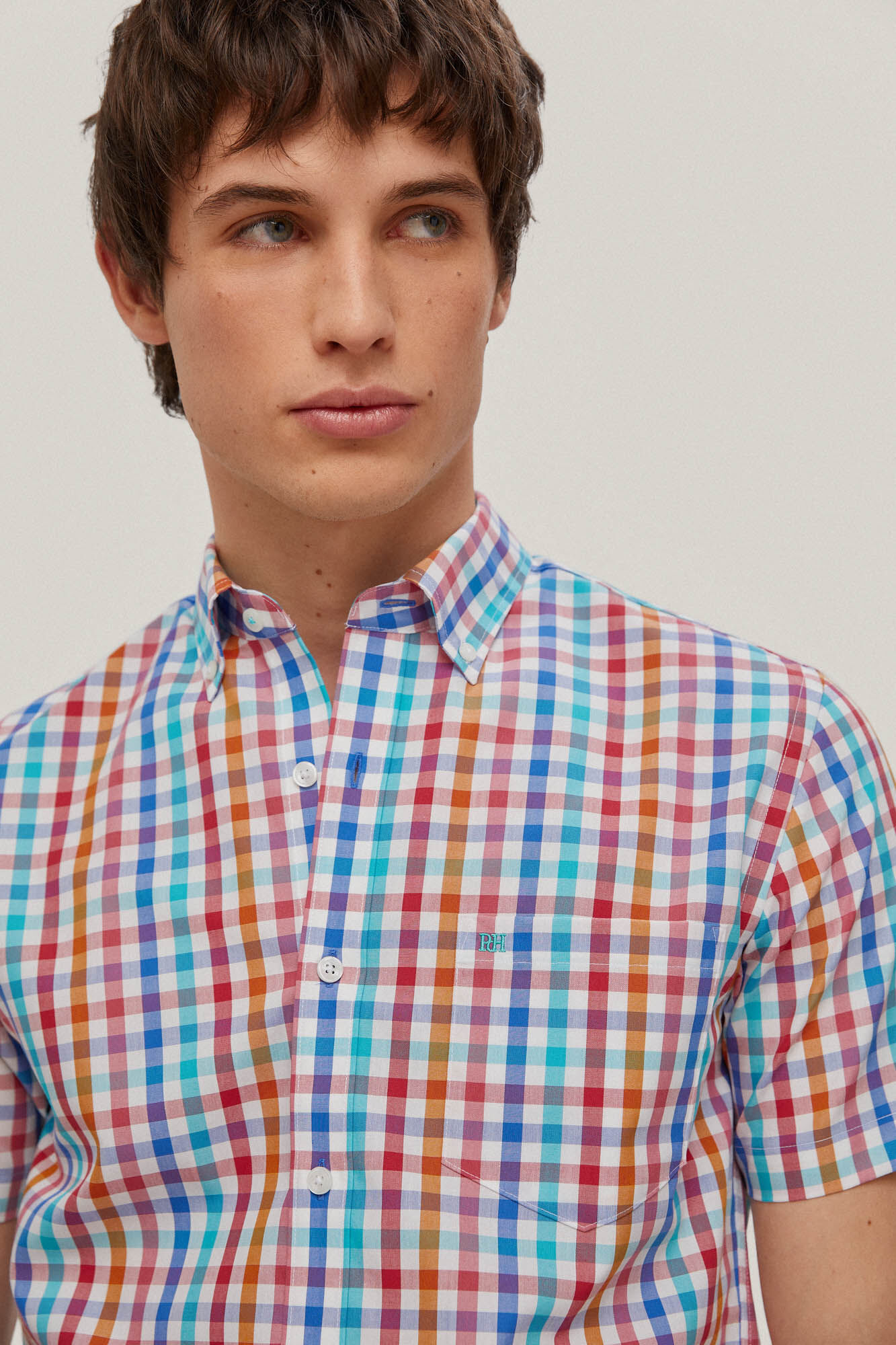 Camisa xadrez de manga curta que não precisa passar - Coral