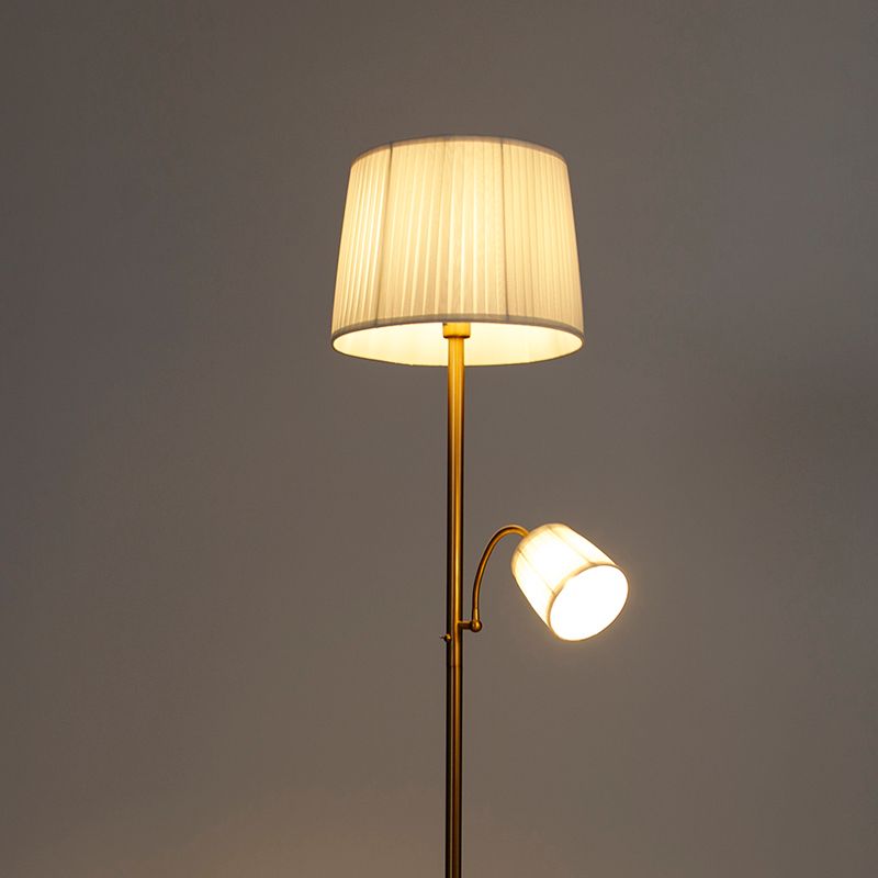 Klassieke vloerlamp brons stoffen kap wit met leeslamp - Retro