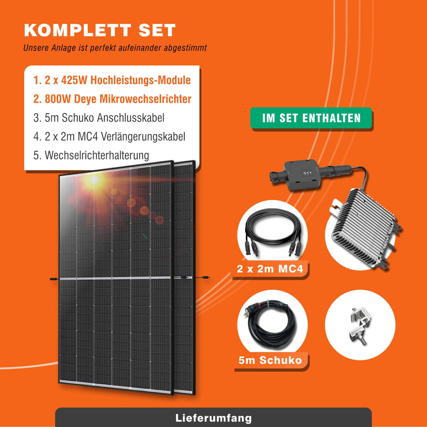 850W Balkonkraftwerk - Solaranlage Komplettset mit Deye 800W Wechselrichter WiFi