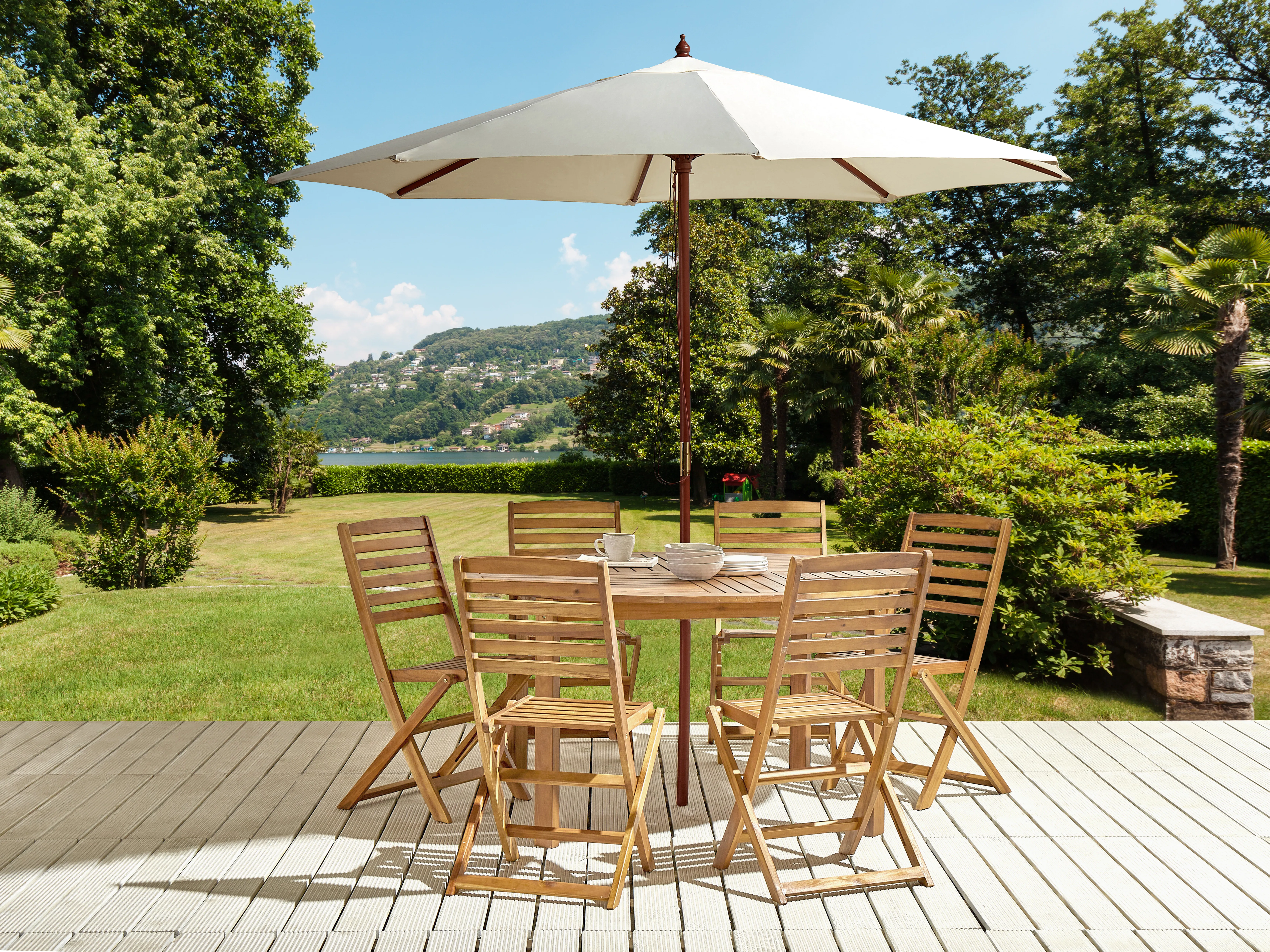 Tuinset 6-zits TOLVE met parasol (12 opties) Acaciahout Bruin