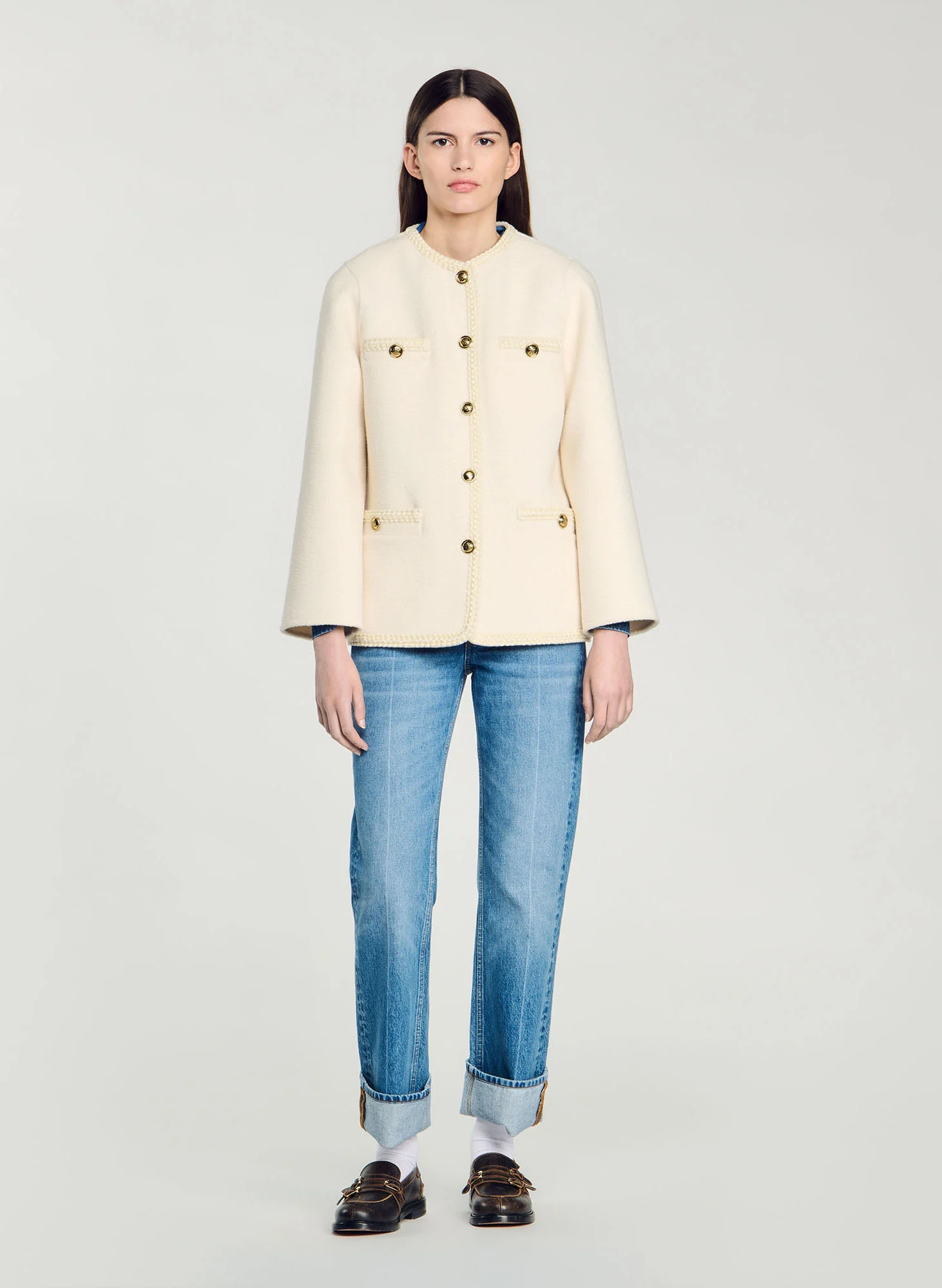 Manteau col ron rond en laine mélangée | Blanc