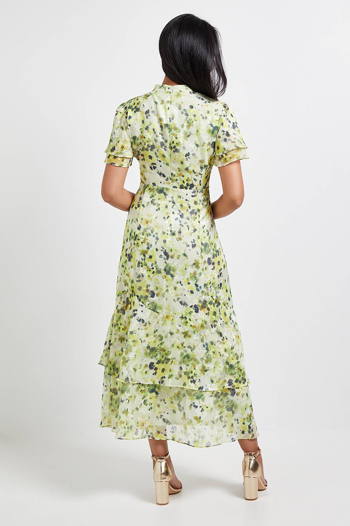 Wallis Robe Midi à Volants Fleurie Dévorée Petite Taille