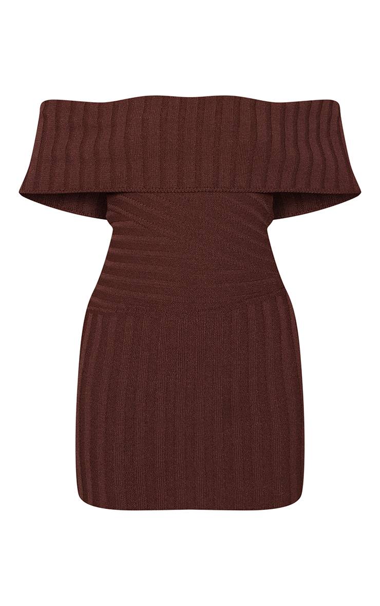 Chocolat Robe Mini Bardot En Maille Côtelée