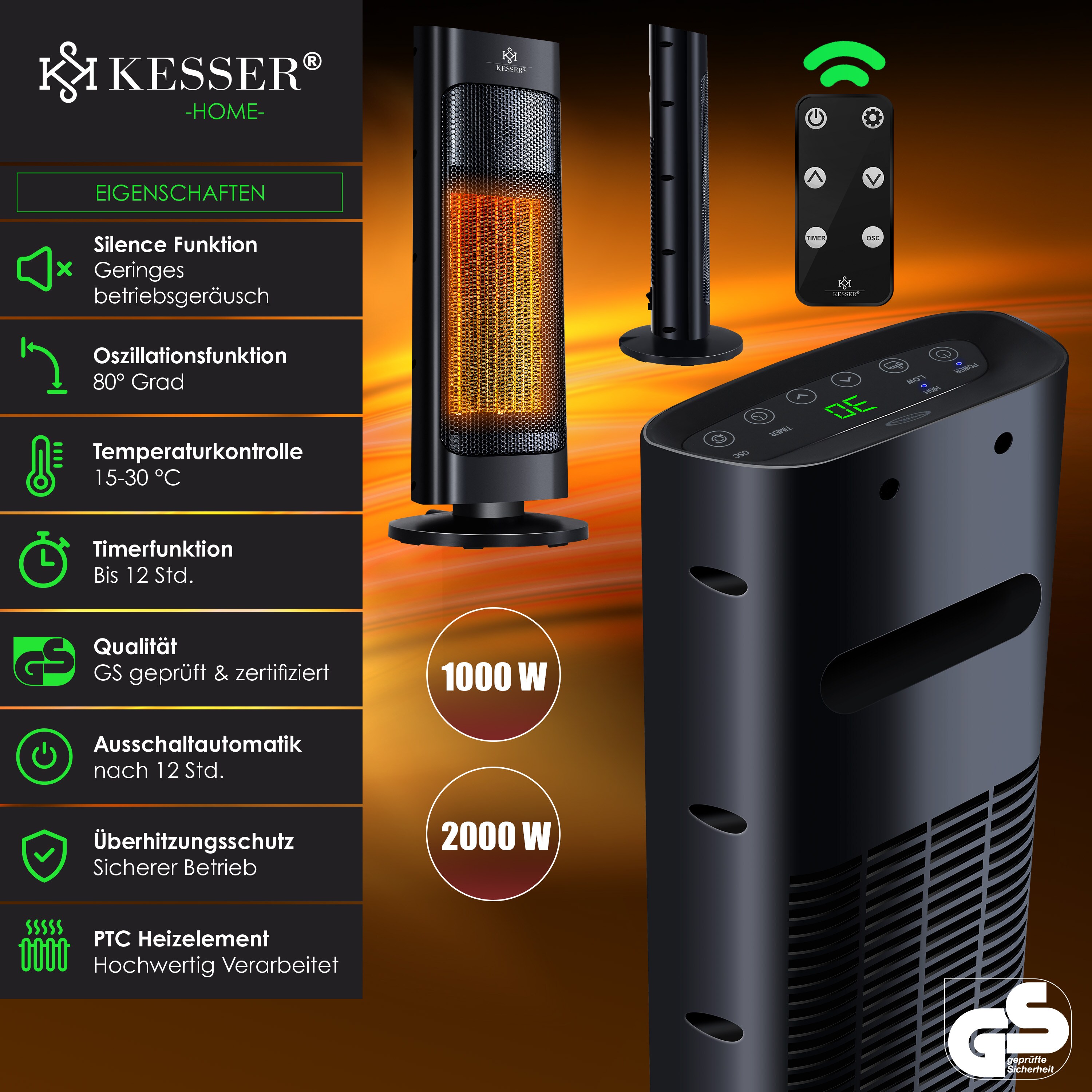 KESSER® Heizlüfter mit Fernbedienung energiesparend leise 2000W Keramik Heizstrahler Standheizstrahler 15-30°C - Schnellheizer mit 80° Oszillationsfunktion 24h TimerHeizung Turmheizstrahler