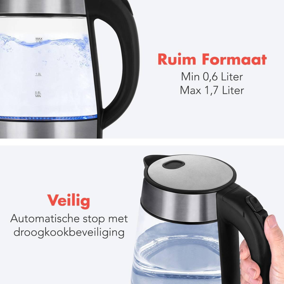 KitchenBrothers Glazen Waterkoker 1.7L - RVS