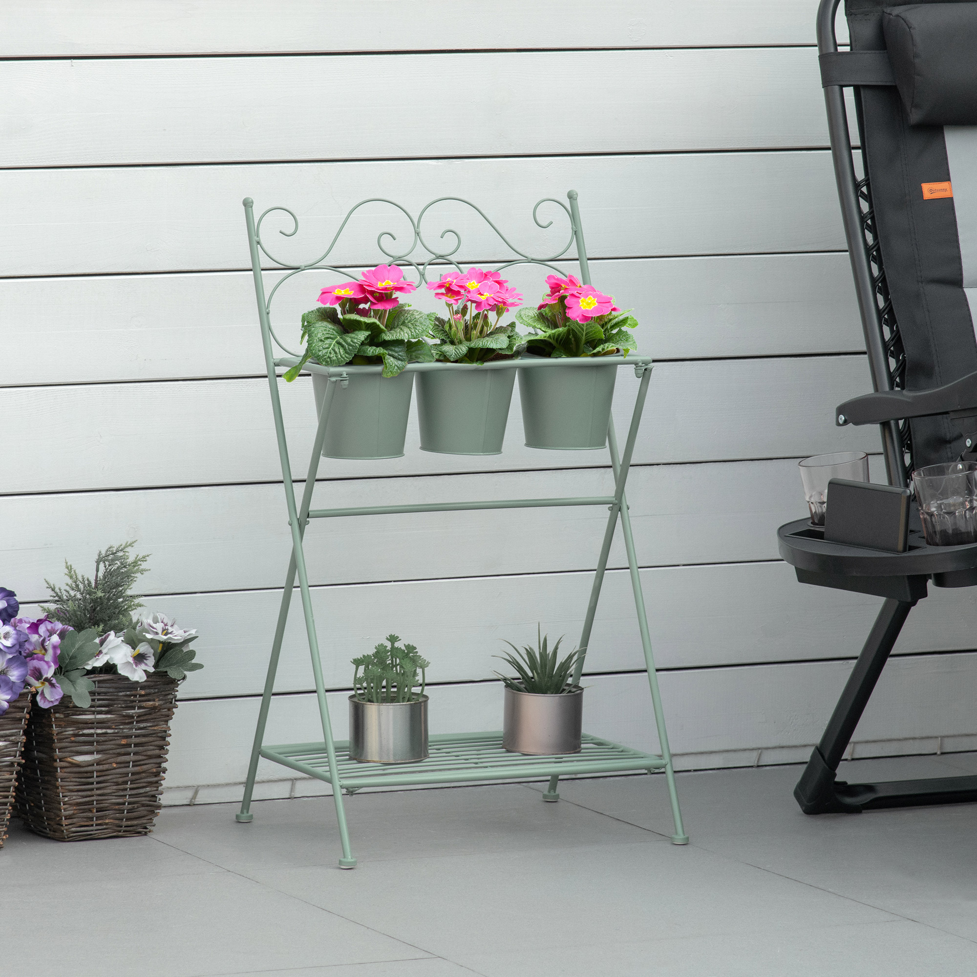 Suporte dobrável de metal para plantas Outsunny com 3 vasos de flores inclusos e prateleira inferior, suporte decorativo para vasos de flores para uso interno e externo, 47x37x78,5 cm, verde