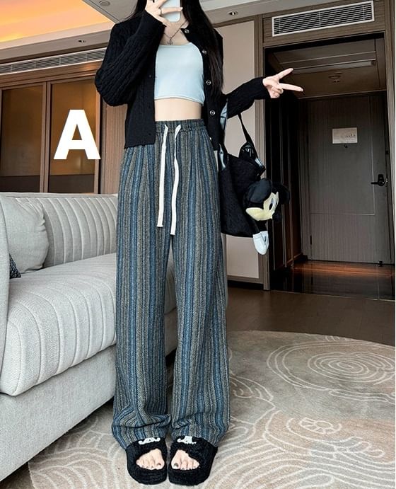 evanesce - Herringbone High Rise Drawstring Knit Wide Leg Pants