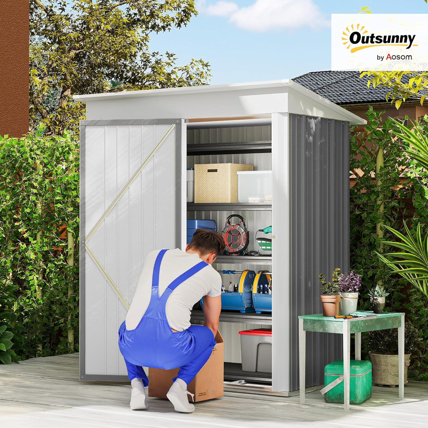 Outsunny Metall Gerätehaus 1,36m² 161 x 95 x 181cm Geräteschuppen mit Pultdach Fundament verstellbare Regale Abschließbarer Tür wetterfest Gartenhaus Outdoor Garten Schuppen für Außenbereich
