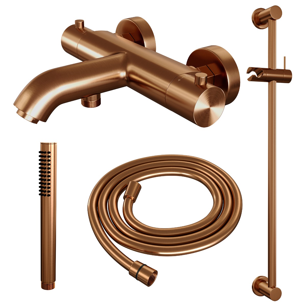 Brauer Copper Edition thermostatische badkraan met glijstang en staafhanddouche geborsteld koper PVD