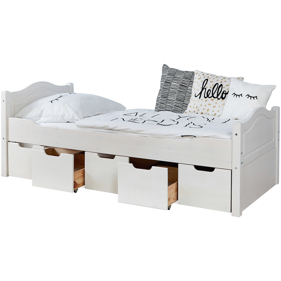 TiCAA Einzelbett Leni 90 x 200 cm Kiefer weiß mit 5 Schubladen