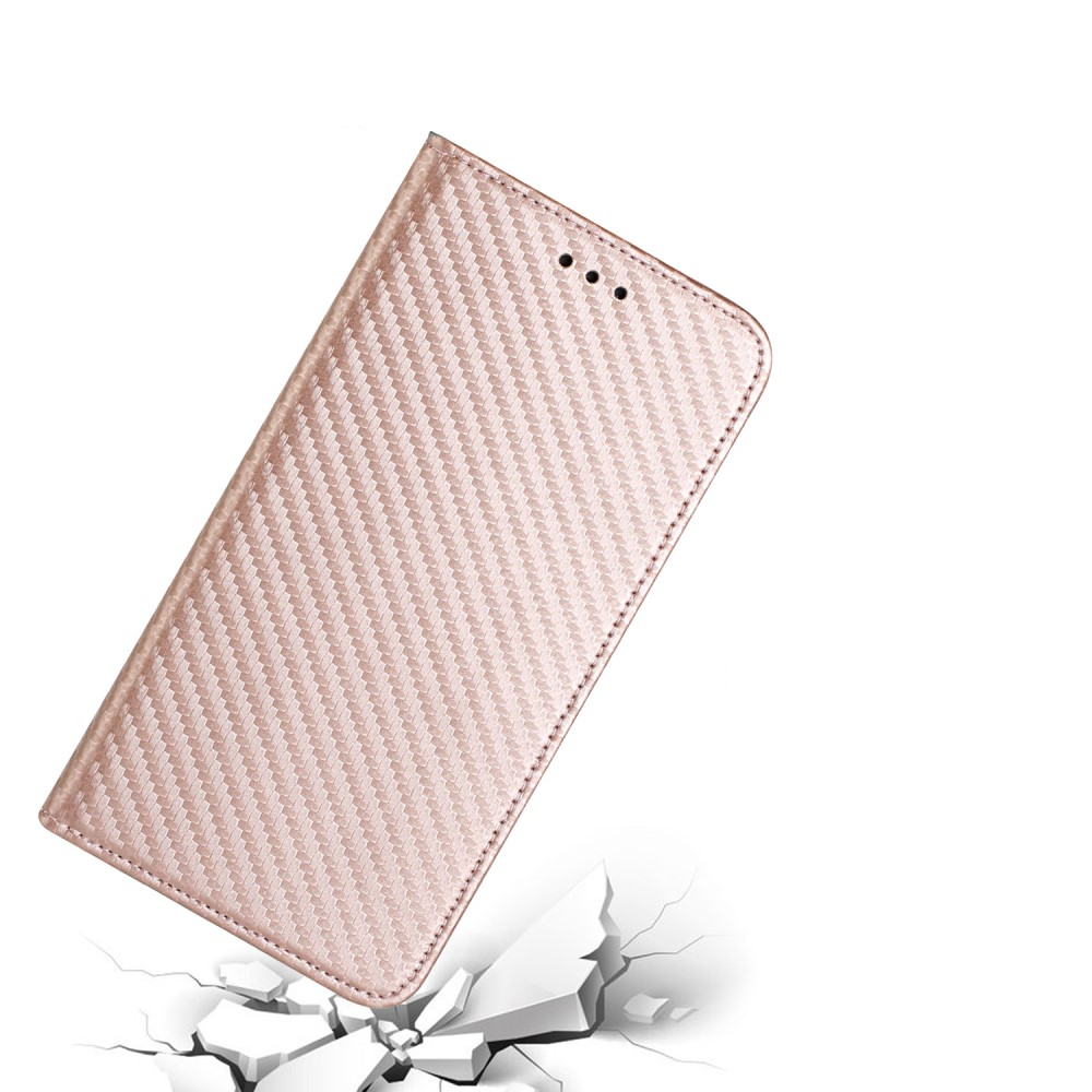 iPhone 15 Pro Leder Tasche Flip Cover Carbon Look - Roségold