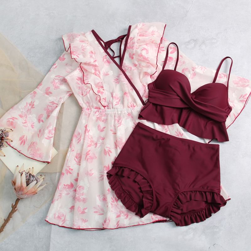 Moonrise badkleding - Set: effen tankinitop + zwemshort + cover-up met bladprint