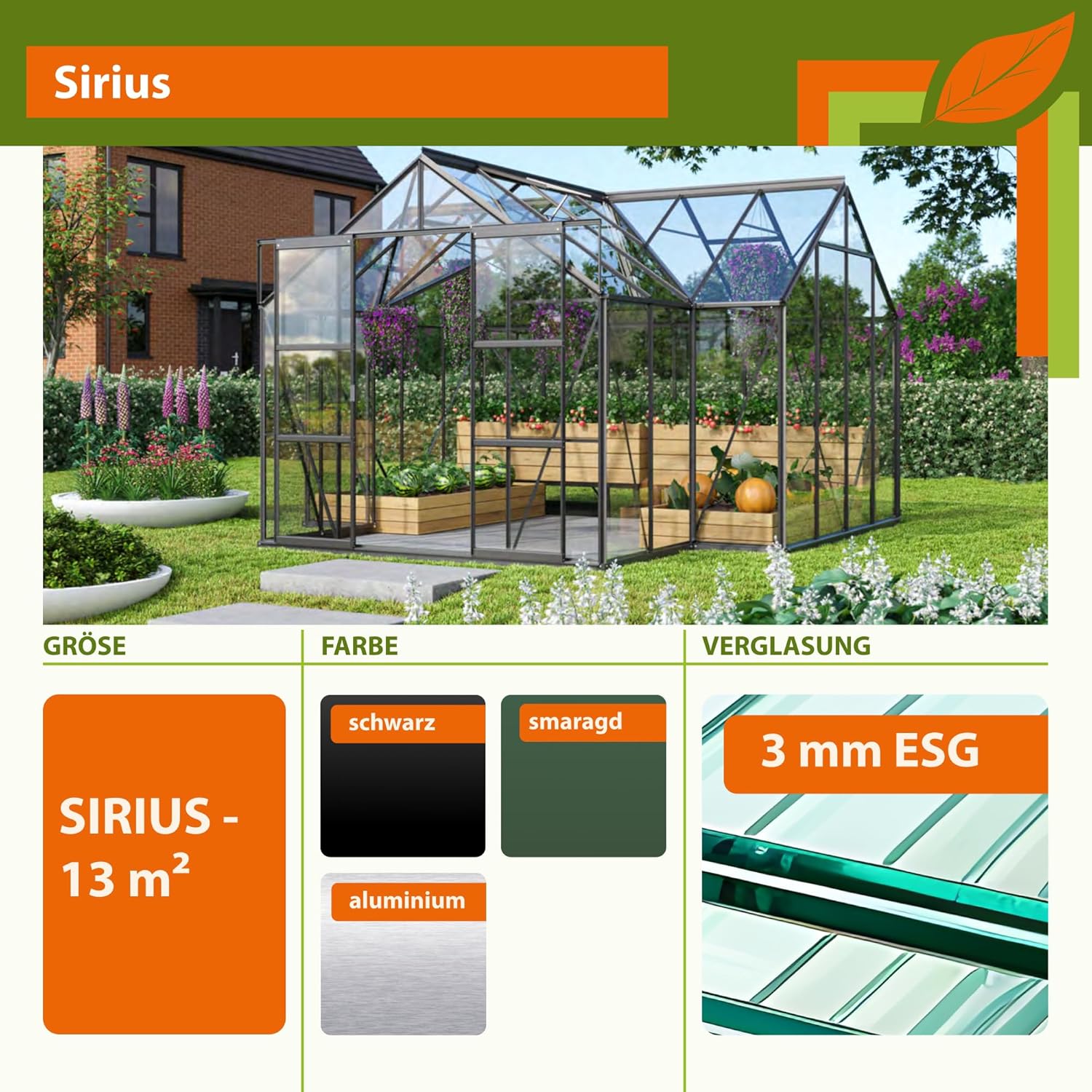 Vitavia Gewächshaus Sirius, Aluminium eloxiert, 3 mm ESG | Wetterfestes & stabiles Treibhaus | Perfekt für Gemüse & Pflanzen | Robust & langlebig